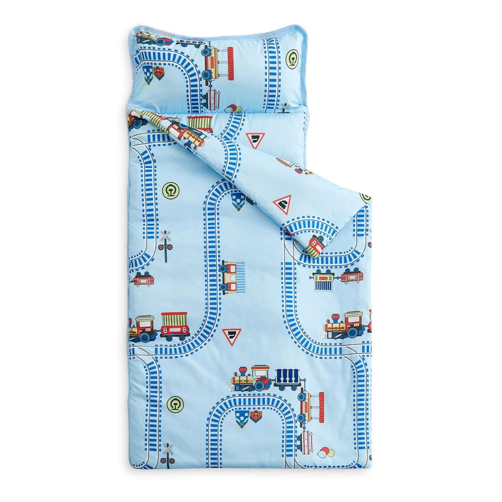 Wake In Cloud - Toddler Nap Mat with Pillow and Blanket, for Kids Boys in Kindergarten Daycare Preschool Pre K, Roll Up Sleeping Bag, Cars Vehicles Trains Airplanes, Light Sky Blue, Standard