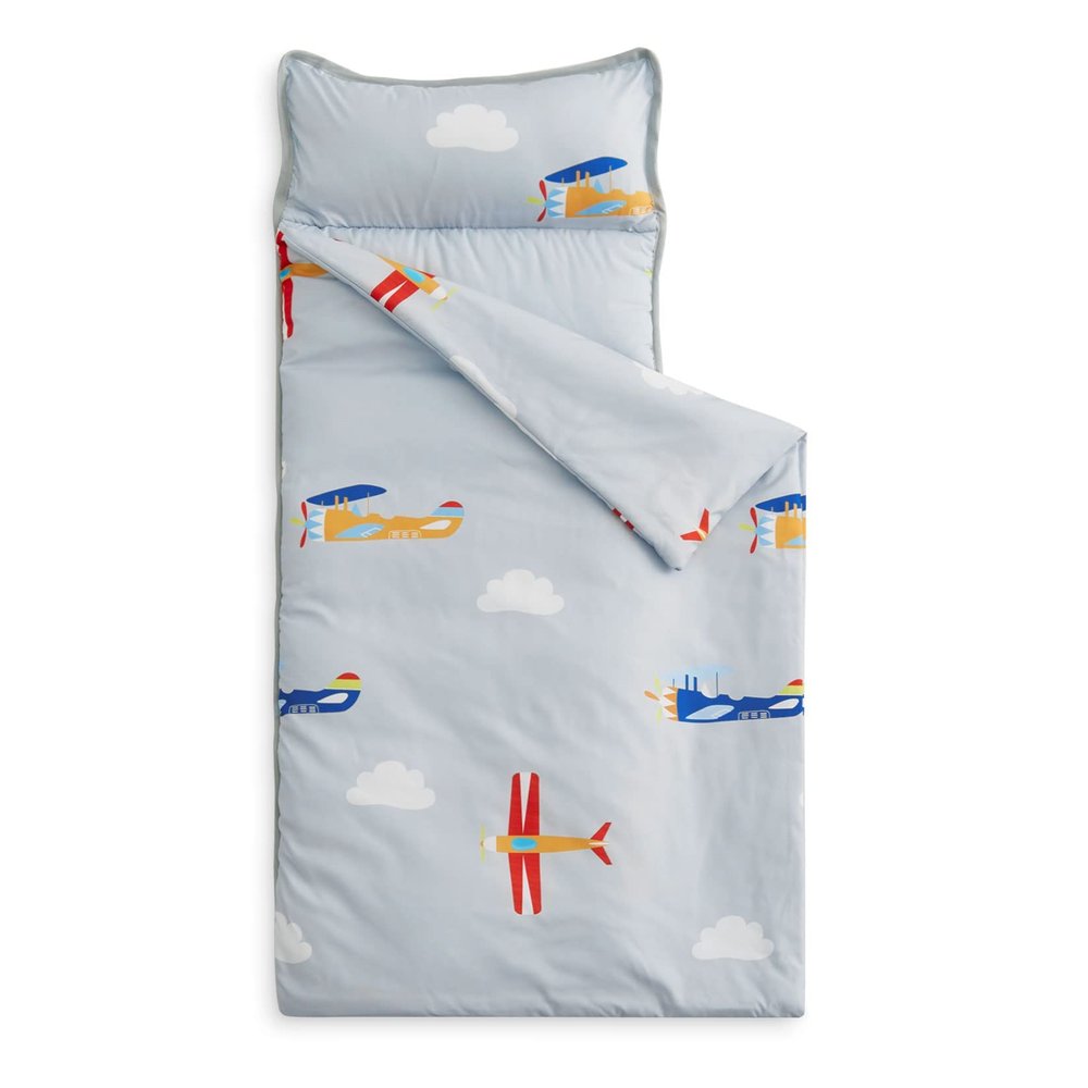 Wake In Cloud - Toddler Nap Mat with Pillow and Blanket, for Kids Boys Ages 3 Plus in Kindergarten Daycare Preschool, Roll Up Sleeping Bag, Colorful Toy Airplanes, Grey White, Standard
