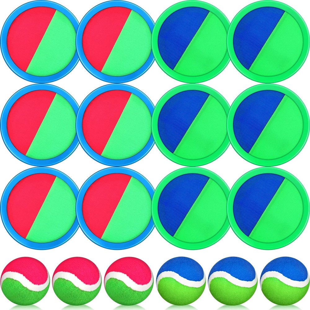 Kids Toys Toss and Catch Game Set 12 Paddles 6 Balls Beach Outdoor Sports Games Toss Ball Set with Paddles Nylon Catch Toys for Kids PE Recess Adults Beach Playground (Blue Green, Pink Green)