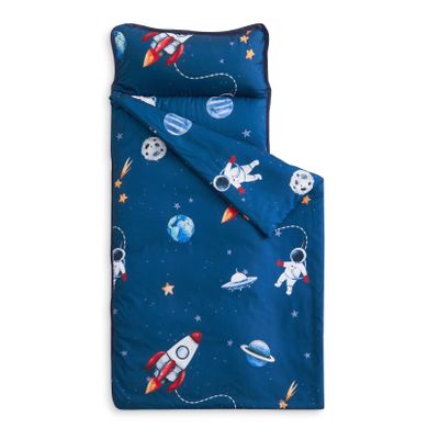 Wake In Cloud - Toddler Nap Mat with Pillow and Blanket, for Kids Boys in Kindergarten Daycare Preschool Pre K, Roll Up Sleeping Bag, Spaces Stars Planet Galaxy, Blue White Red, Standard
