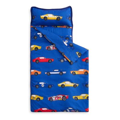 Wake In Cloud - Toddler Nap Mat with Pillow and Blanket, for Kids Boys Ages 3 Plus in Kindergarten Daycare Preschool, Roll Up Sleeping Bag, Race Cars Vehicles, Blue, Extra Long