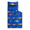 Wake In Cloud - Toddler Nap Mat with Pillow and Blanket, for Kids Boys Ages 3 Plus in Kindergarten Daycare Preschool, Roll Up Sleeping Bag, Race Cars Vehicles, Blue, Extra Long view 1
