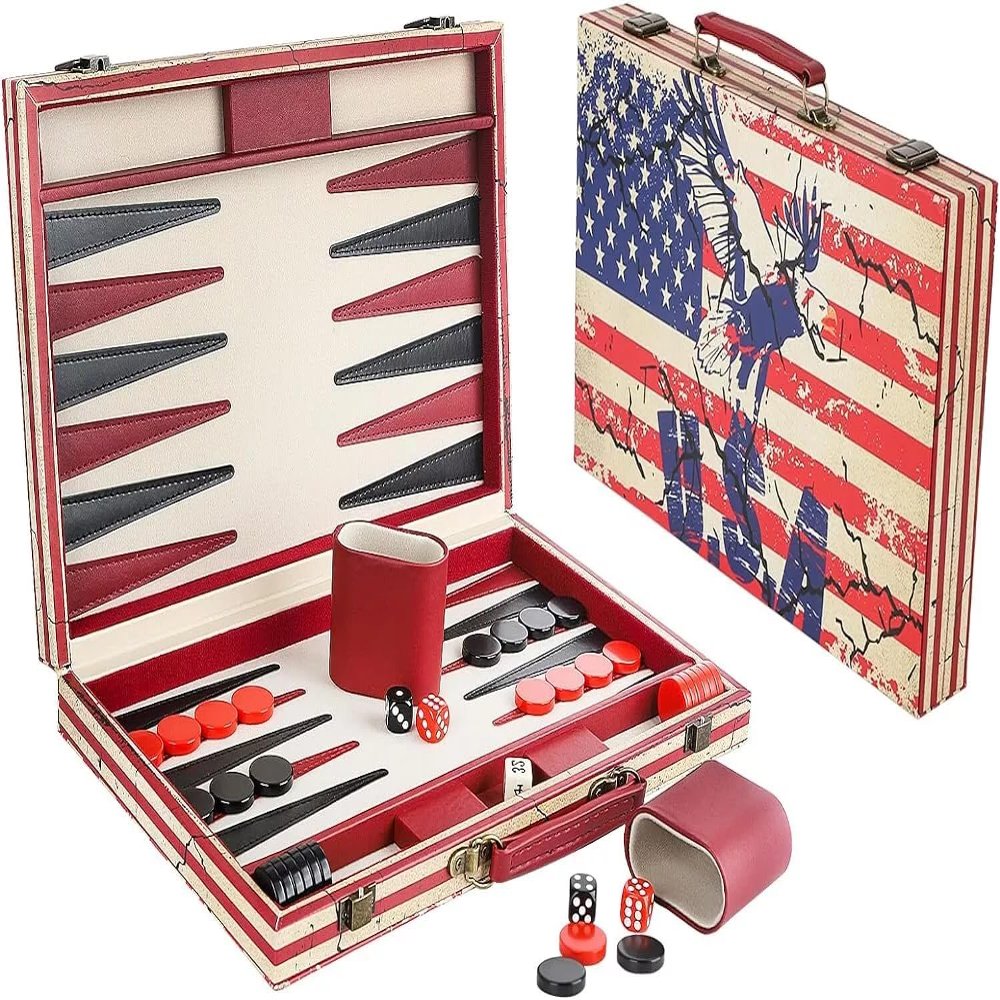 15 Inches Backgammon Sets for Adults Leather Travel Backgammon Set with American Flag Design Claasic Backgamon Board Game for Friends Party or Family Game Night