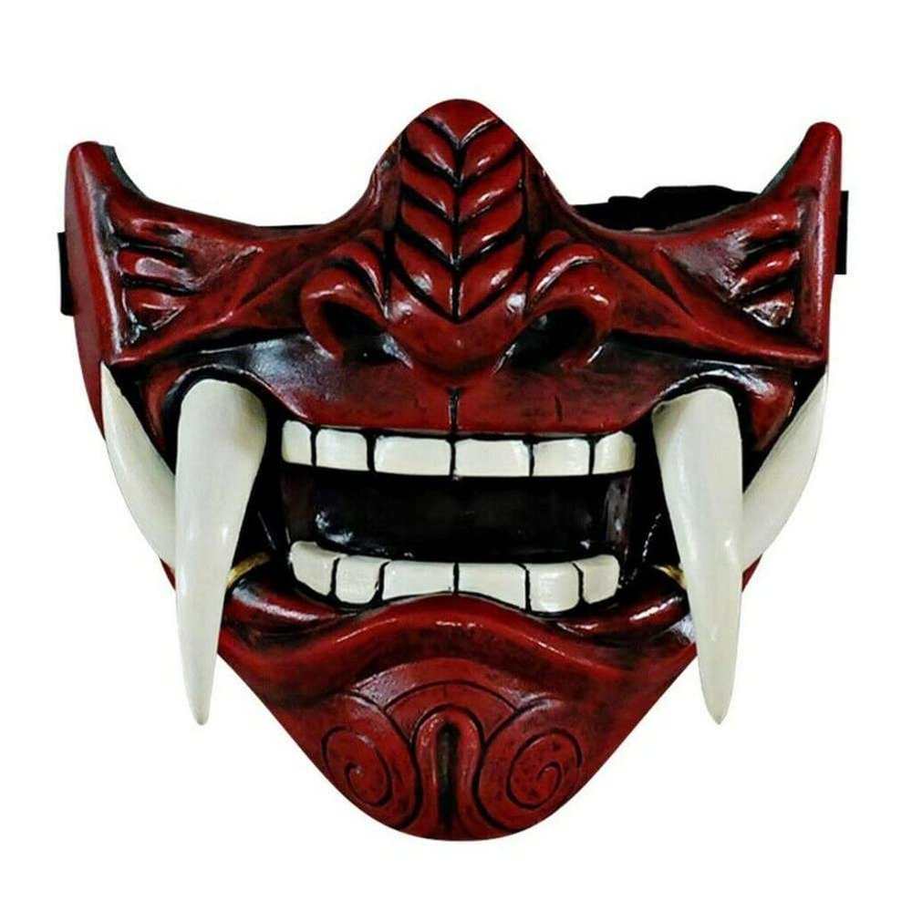 asky Japanese Hannya Mask Demon Oni Samurai NOH Kabuki Prajna Devil Half Face Mask Cosplay (Red)