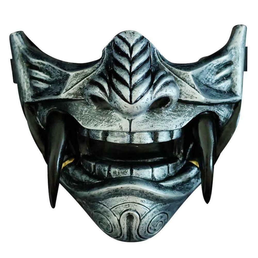 asky Japanese Hannya Mask Demon Oni Samurai NOH Kabuki Prajna Devil Half Face Mask Cosplay (Grey), Gray