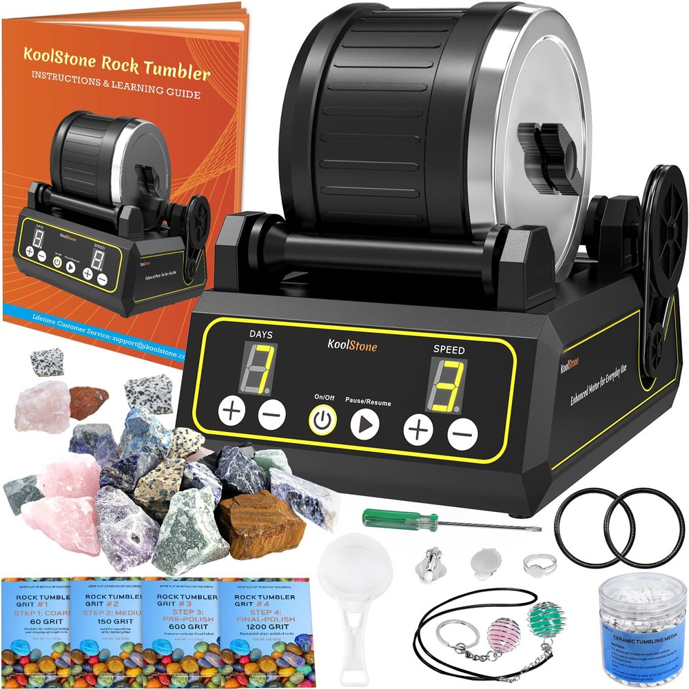 KoolStone C1 Rock Tumbler Kit - Professional Large 2.5LB Capacity, Up to 5X More Noise Cancelling, Adjustable Timer & Speed with Full Accessories & Memory Function
