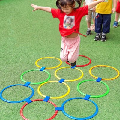 Hopscotch Ring Game, Great for Outdoor Play at The Park for Boys and Girls, 10 Pieces Colored Plastic Rings and 15 Connectors