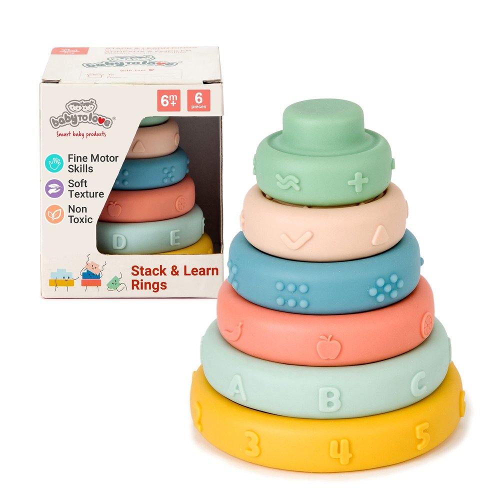 BabyToLove Stack & Learn Rings | Montessori Stacking Toy for Babies | 6 Soft Sensory Baby Rings for Learning & Development | Early Childhood Stacking Toy | Fun Shapes