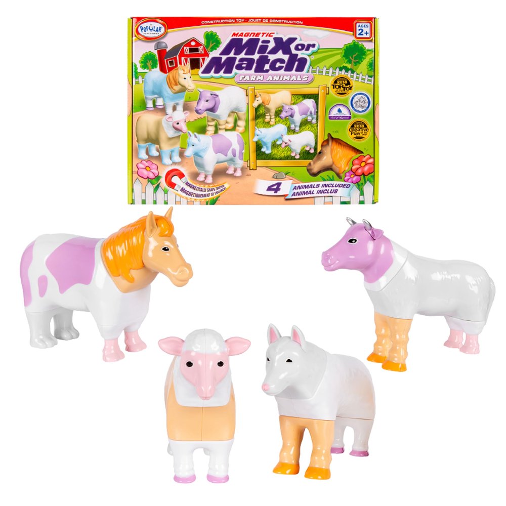 POPULAR PLAYTHINGS Magnetic Animals for Toddlers 1-3, Mix or Match Animal Toys, Set of 4 Gift for Kids - Pastel Farm Animals