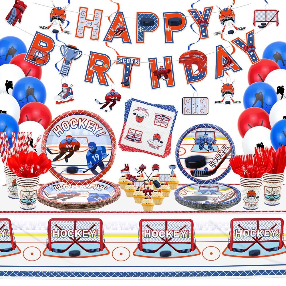 Hockey Party Supplies - Ice Hockey Birthday Party Set Including Plates, Cups, Napkins, Tableware, Tablecloth, Hanging Swirl, Balloons, Banner for Kid's Hockey Fans Birthday Gameday - Serves 20