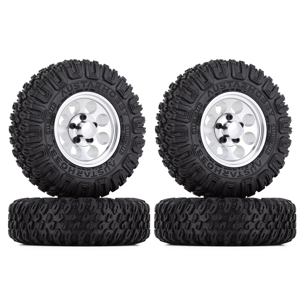 LAFEINA 4PCS 85mm Rubber Tire and 1.55 inch Metal Alloy Beadlock Wheel Rim for 1:10 RC Crawler Car D90 TF2 Tamiya CC01 LC70 MST JIMNY 90069 (Silver)