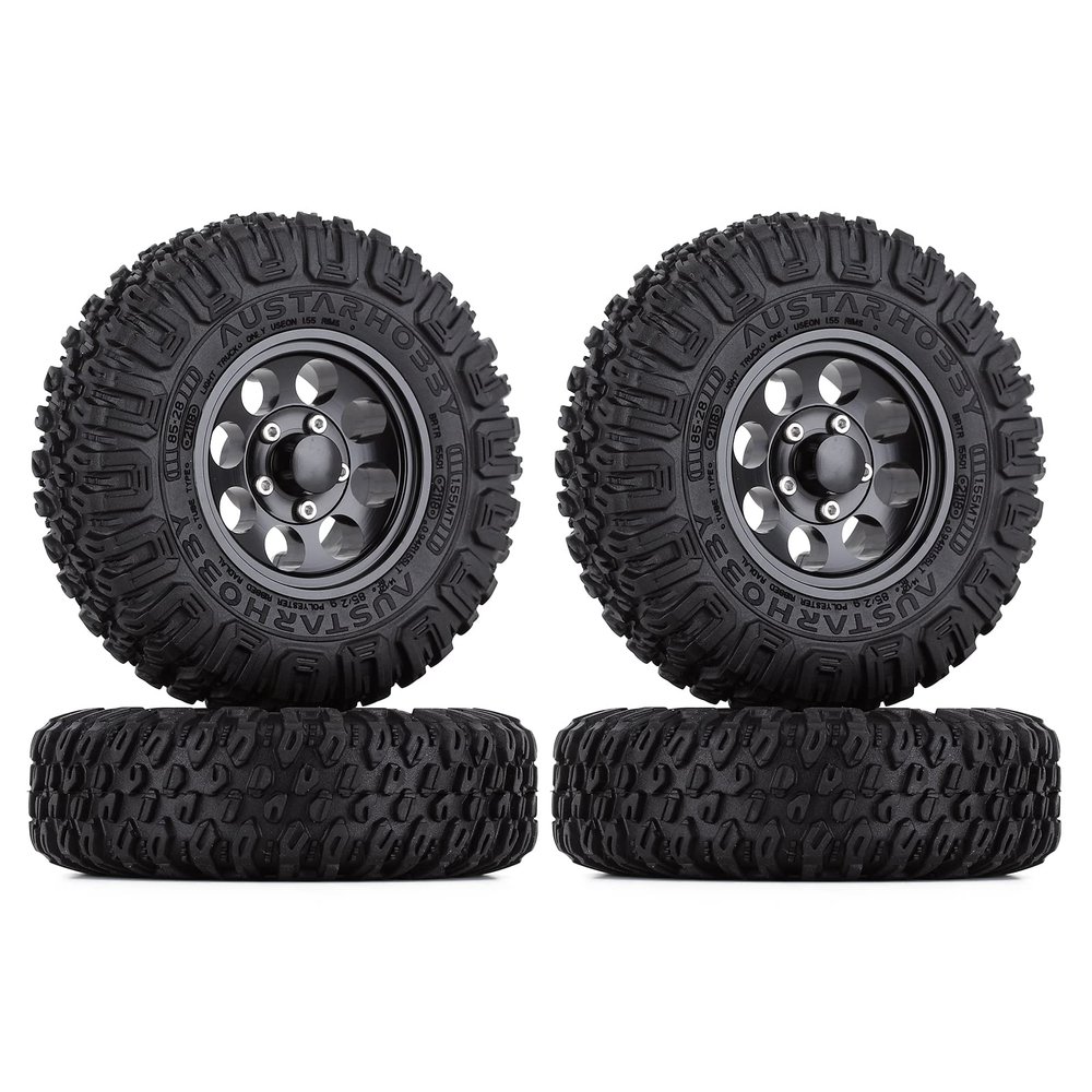 LAFEINA 4PCS 85mm Rubber Tire and 1.55 inch Metal Alloy Beadlock Wheel Rim for 1:10 RC Crawler Car D90 TF2 Tamiya CC01 LC70 MST JIMNY 90069 (Black)