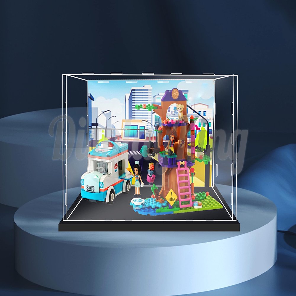 Acrylic Display case Compatible with Vet Clinic Ambulance 41445 (Model Set is not Included) (with Theme Background)