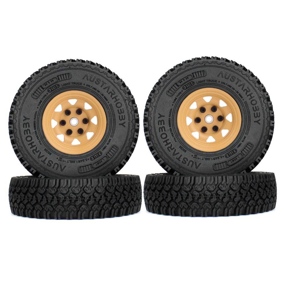 LAFEINA 4PCS 90mm Rubber Tire 1.55 inch Metal Beadlock Wheel Tyres for 1:10 RC Crawler Car D90 TF2 Tamiya CC01 LC70 MST JIMNY 90069 (Yellow)