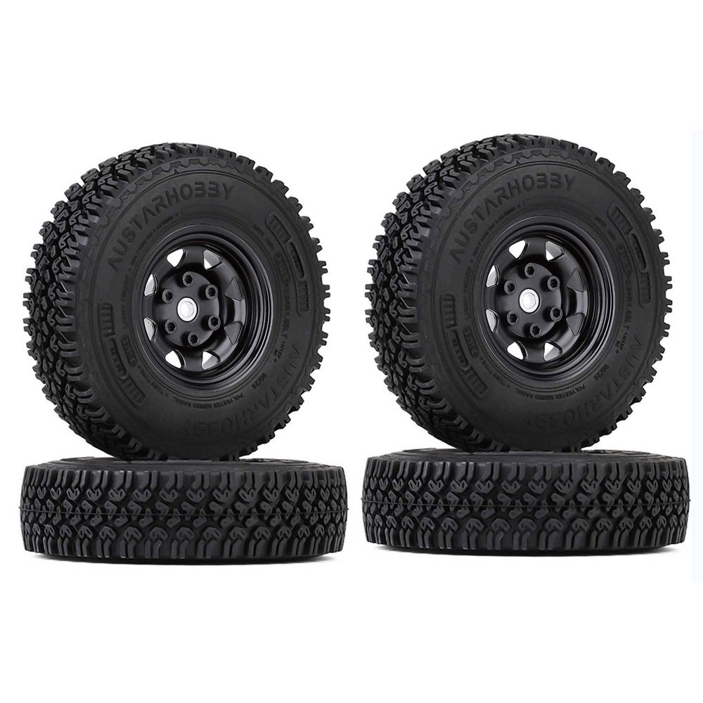 LAFEINA 4PCS 90mm Rubber Tire 1.55 inch Metal Beadlock Wheel Tyres for 1:10 RC Crawler Car D90 TF2 Tamiya CC01 LC70 MST JIMNY 90069 (Black)