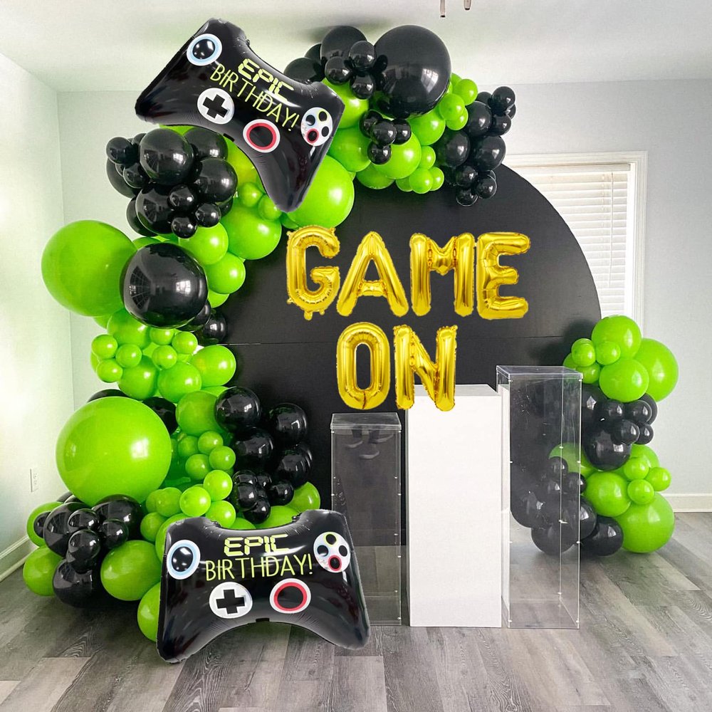 107 pcs Game On Balloons Arch Garland Party Decoration Black Green Video Game Party Supplies for Level Favor Theme Birthday Party Decorations
