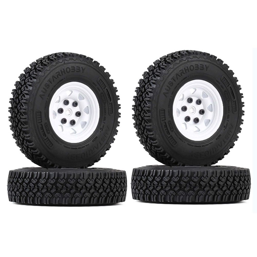 LAFEINA 4PCS 90mm Rubber Tire 1.55 inch Metal Beadlock Wheel Tyres for 1:10 RC Crawler Car D90 TF2 Tamiya CC01 LC70 MST JIMNY 90069 (White)