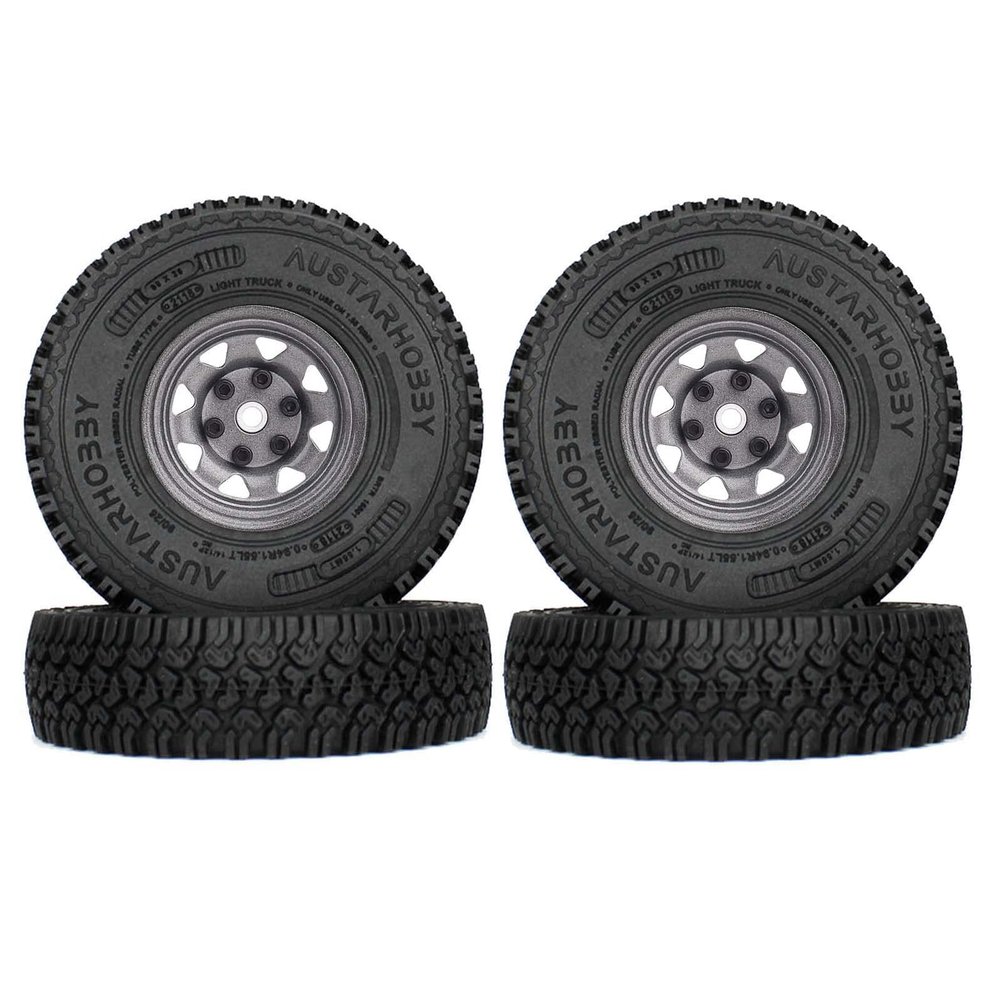 LAFEINA 4PCS 90mm Rubber Tire 1.55 inch Metal Beadlock Wheel Tyres for 1:10 RC Crawler Car D90 TF2 Tamiya CC01 LC70 MST JIMNY 90069 (Gray)