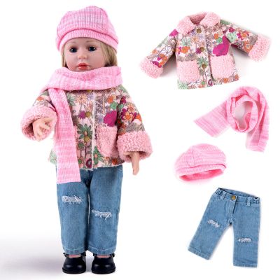 Rakki Dolli Doll Clothes 4 Piece Set Includes Pink Flower Snow Jacket, Knitted Wool Hat, Scarf and Hipster Jeans Fits for 18" American Girl Dolls (Doll and Shoes Not Included)