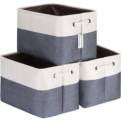 Sea Team 3-Pack Large Storage Basket Set, Trunk Organizer, Clothes Toys Bin, 15 x 10 x 10 Inches, Big Rectangular Canvas Fabric Collapsible Shelf Box with Handles for Kids Room (Denim/White)