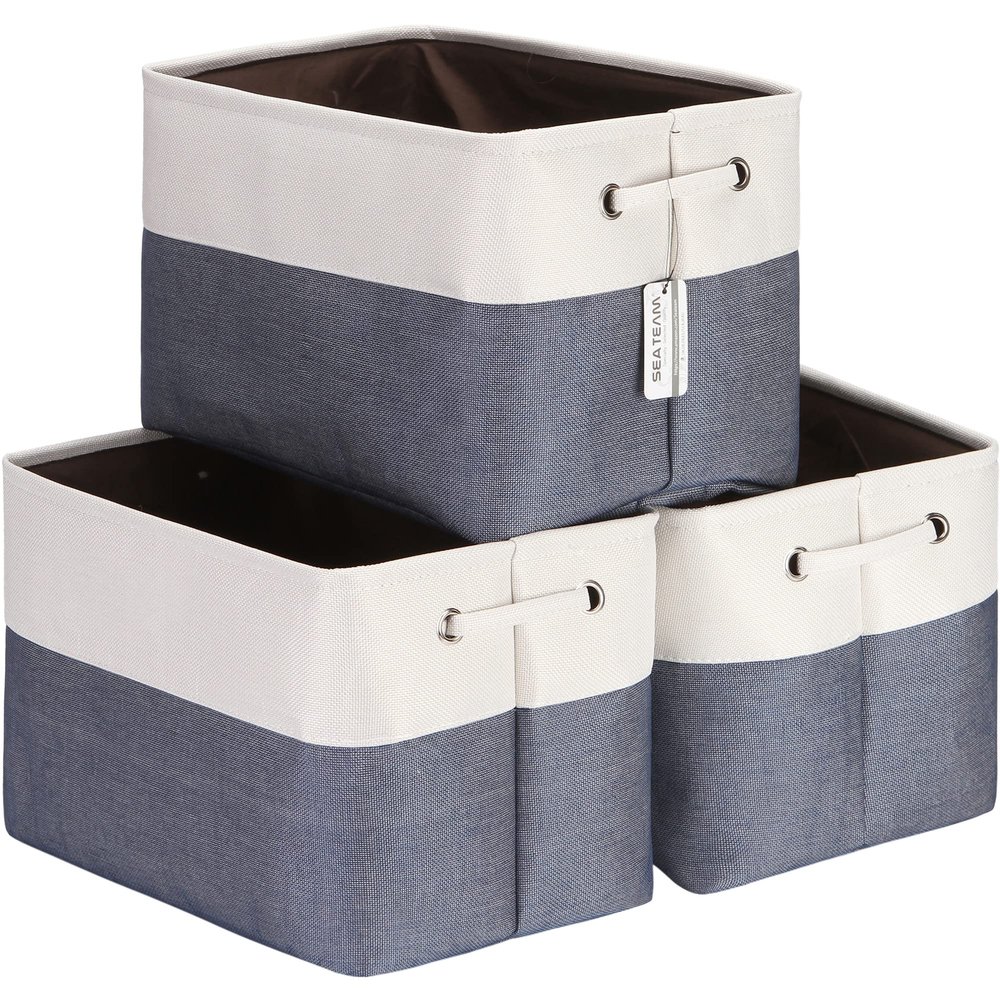 Sea Team 3-Pack Large Storage Basket Set, Trunk Organizer, Clothes Toys Bin, 15 x 10 x 10 Inches, Big Rectangular Canvas Fabric Collapsible Shelf Box with Handles for Kids Room (Denim/White)