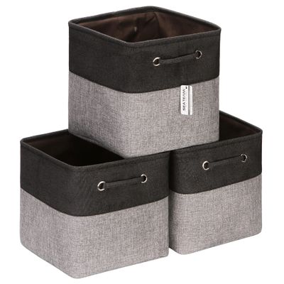 Sea Team 3-Pack Cubic Storage Basket Set, Storage Cube Organizer, Clothes Toys Bin, 11 x 11 x 11 Inches, Big Square Canvas Fabric Collapsible Shelf Box with Handles for Kids Room (Grey/Black)