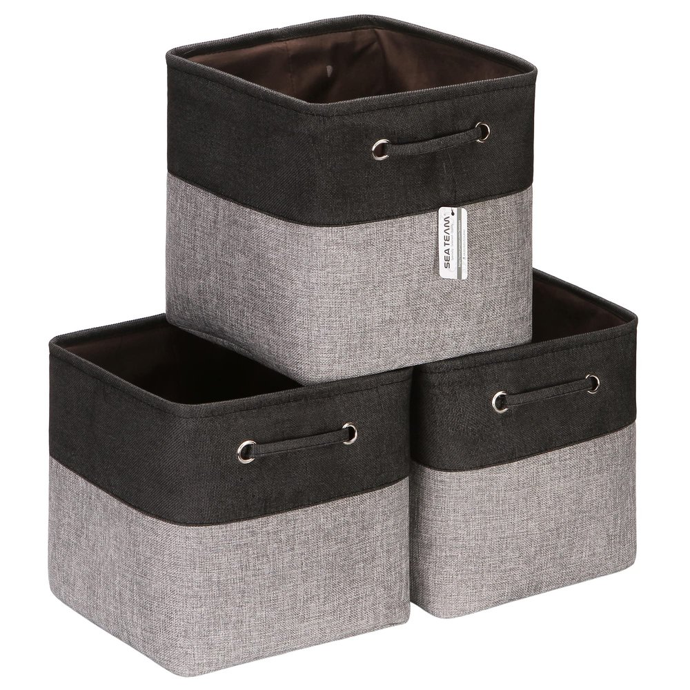 Sea Team 3-Pack Cubic Storage Basket Set, Storage Cube Organizer, Clothes Toys Bin, 11 x 11 x 11 Inches, Big Square Canvas Fabric Collapsible Shelf Box with Handles for Kids Room (Grey/Black)