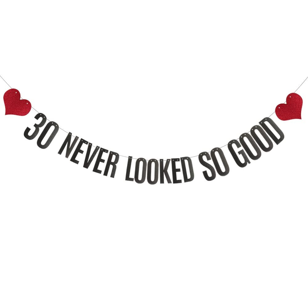 30 Never Looked So Good Banner, Pre-Strung, No Assembly Required, Black Paper Glitter Party Decorations for 30th Birthday Party Supplies, Letters Black,ABCpartyland