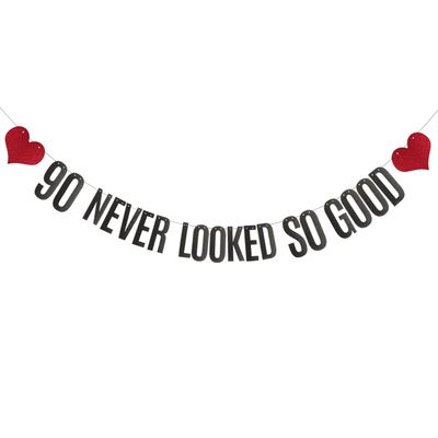 90 Never Looked So Good Banner, Pre-Strung, No Assembly Required, Black Paper Glitter Party Decorations for 90th Birthday Party Supplies, Letters Black,ABCpartyland