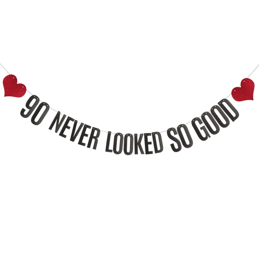 90 Never Looked So Good Banner, Pre-Strung, No Assembly Required, Black Paper Glitter Party Decorations for 90th Birthday Party Supplies, Letters Black,ABCpartyland