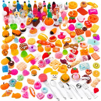 160 Pcs Mini Food Toys, Miniature Food Drinks Bottles for Doll Kitchen Pretend Play, Mixed Resin Kitchen Cutlery Toys for Adults Teenagers Doll House