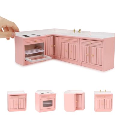 Miniature Furniture Dollhouse Kitchen Cabinets Set 1:12 Scale Wooden Model Freely Combined 4PCS Mini House Accessories Furnishings Kit Decoration Gift (Pink)