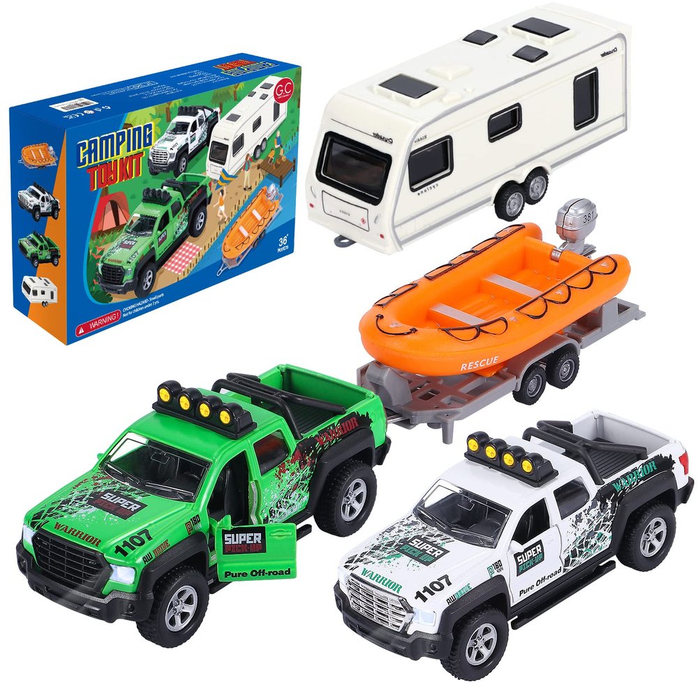 G.C 4 Pack Pickup Truck Trailer Toys for Boys Kids Toy Camper Boat Diecast Truck Vehicle 1:36 Scale Pull Back Metal Car Toys Playset with Light Sound