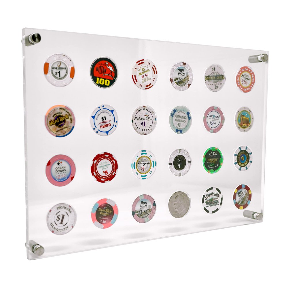 Oakmont Displays Casino Chip Display Holder for 24 Chips or Coins | Wall Mounted Display Case for Poker Chips - Clear Acrylic Display Frame for Collectors Gamblers, for Gambling or Poker Friends