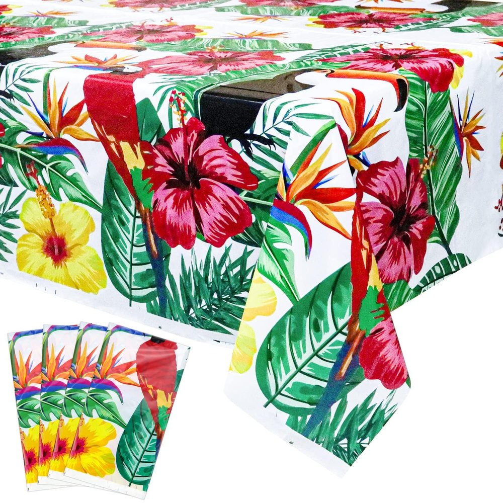 4 Pack Hawaiian Luan Tablecloths - 86.6x51.2 Disposable Plastic Tropical Palm Leaf Tablecloths, for Hawaiian Luan Party Decorations, Jungle Safari Theme Party, Summer Beach Kids Birthday Supplies
