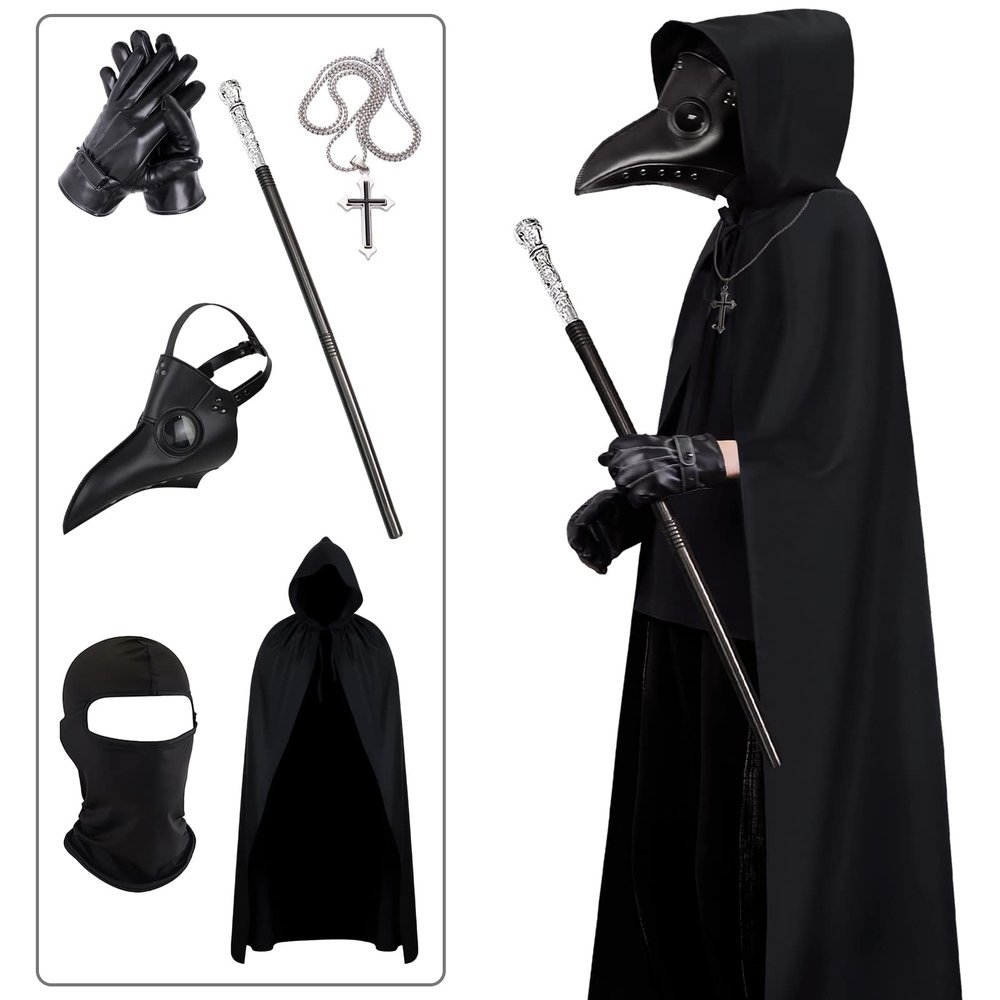 Halloween Plague Doctor Mask Steampunk Horror Scary Halloween Plague Doctor Mask Costume Props for Party Prom Gifts Set 6 in 1 for Men Women Kids (6 PCS)