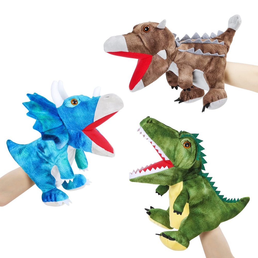 3Pcs Dinosaurs Plush Toys, Dinosaur Hand Puppets Kids Toys,Stuffed Animals Plush Toys Interactive Games for Boys Girls Age 3 4 5 6 7 8 (3 PCS)