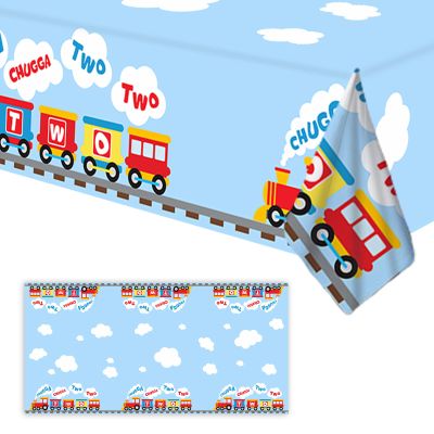 GZBJMYGS Chugga Chugga Two Two Tablecloth Happy Birthday Train Theme Suitable for Children of Any Age Indoor Outdoor Party Supplies Picnic Camping Plastic Table Cover Decoration