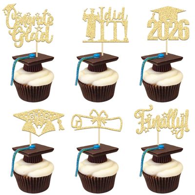 24 Pack 2026 Graduation Cupcake Toppers Gold Glitter Finally I Did It Done Diploma Grad Cap Cupcake Picks 2026 Grad Cap 2026 Cake Decorations for 2026 Graduation Party Decorations