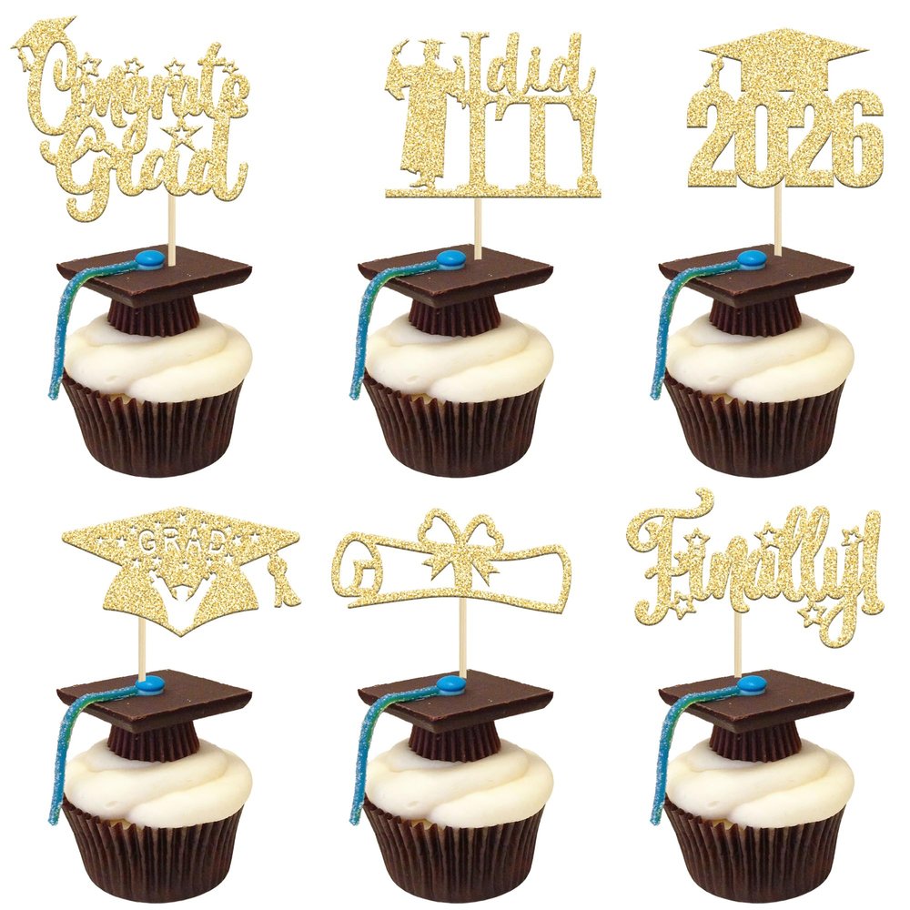 24 Pack 2026 Graduation Cupcake Toppers Gold Glitter Finally I Did It Done Diploma Grad Cap Cupcake Picks 2026 Grad Cap 2026 Cake Decorations for 2026 Graduation Party Decorations