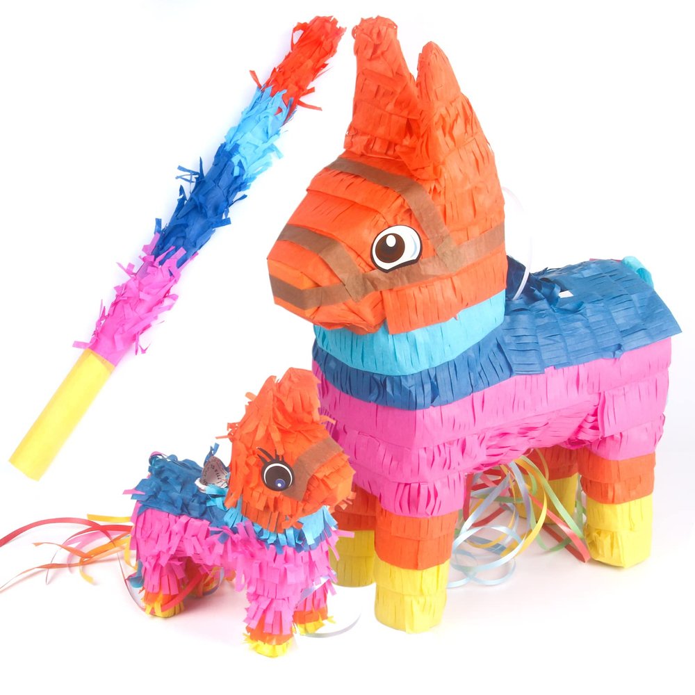 2 Sizes Mexican Donkey Pinatas for Cinco de Mayo Pinata with Stick Mexican Girls Birthday Party Themed Party Fiestas Cute Prop Table Decorations13 x 5 x 16.5 inches6.6 x 2.7 x 7.8 inches
