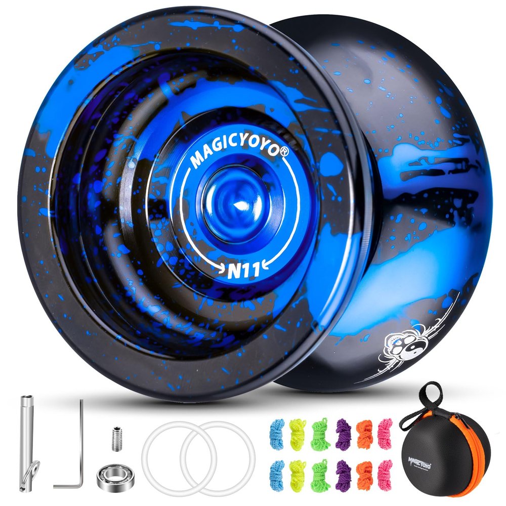 MAGICYOYO Professional Unresponsive Yoyo N11 Plus, Aluminum Yo Yo for Kids/Advanced Players, Dual Purpose Yo-yo Replacement Responsive Bearing for Beginner+12 Strings + Storage Bag (Black Blue)