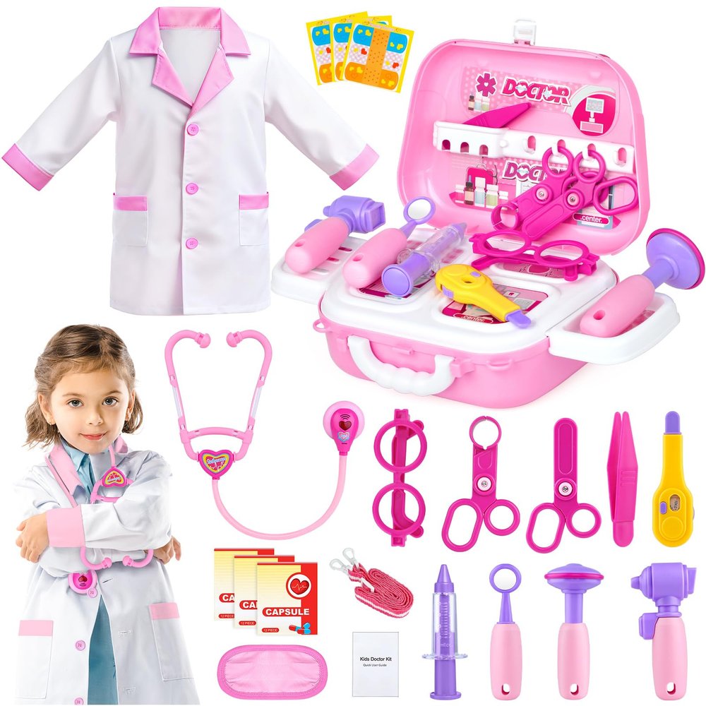 Doctor Costume for Kids - Dr Medical Pretend Play Toys Set for Girls - Doctors Kit for Toddlers 3-5 - Nurse Sets for Girl 22Pcs - Doctors Playset for Toddler Ages 3 4 5 6 Year Old