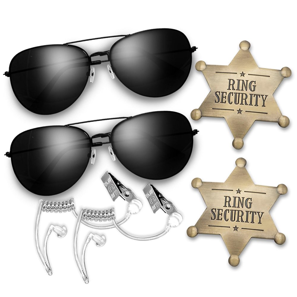 Huwane Ring Security Wedding Ring Bearer Gifts Secret Service Cosplay Set Police Spy FBI Toys Accessory, Include Acoustic Earpiece Tube Headsets, Ring Bearer Sunglasses, Ring Security Badges (2)