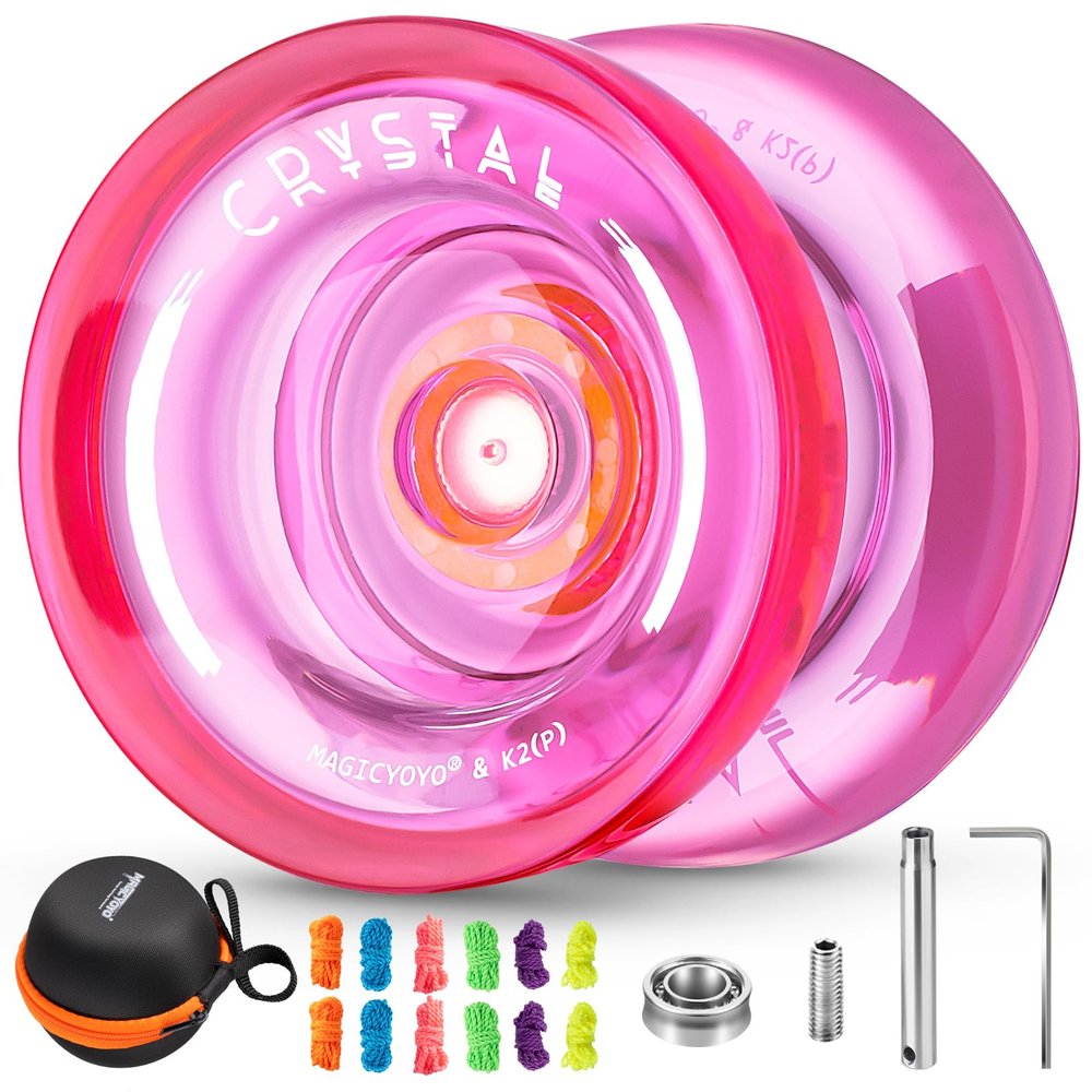 MAGICYOYO K2 Responsive Yoyo for Kids, Crystal Yo Yo Professional for Fingerspin Trick, Dual Purpose Plastic Yo-yo with Extra Unresponsive Bearing for Advanced + 12 Yoyo Strings + Yo Yo Bag (Pink)