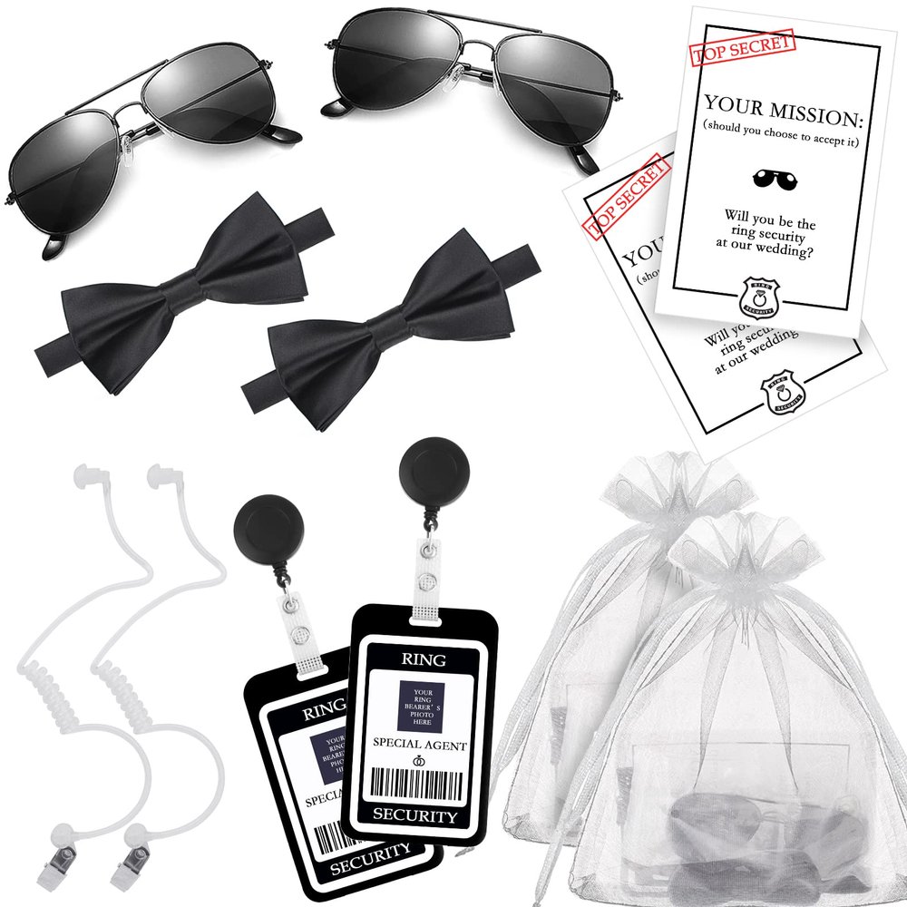 DONSAJI Ring Security Wedding Ring Bearer Gifts Proposal -Bow Tie, Sun Glasses, Earpiece and RingBearer Card for Kids Outfit Spy FBI Cosplay Toys(2pcs)