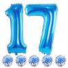 17th Birthday Blue Foil Number 17 Balloons with Confetti, Giant 40 Inch Helium Balloons for Boys, Girls, Men - 17th & 71st Anniversary Party Decorations view 1