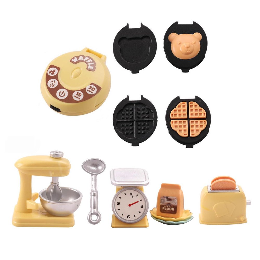 Miniature Dollhouse 10PCS Waffle Maker Toaster Scale Stand Mixer Flour Kitchen Set 1:12 Decoration Modern Mini House Furniture Accessories Kit (Yellow)