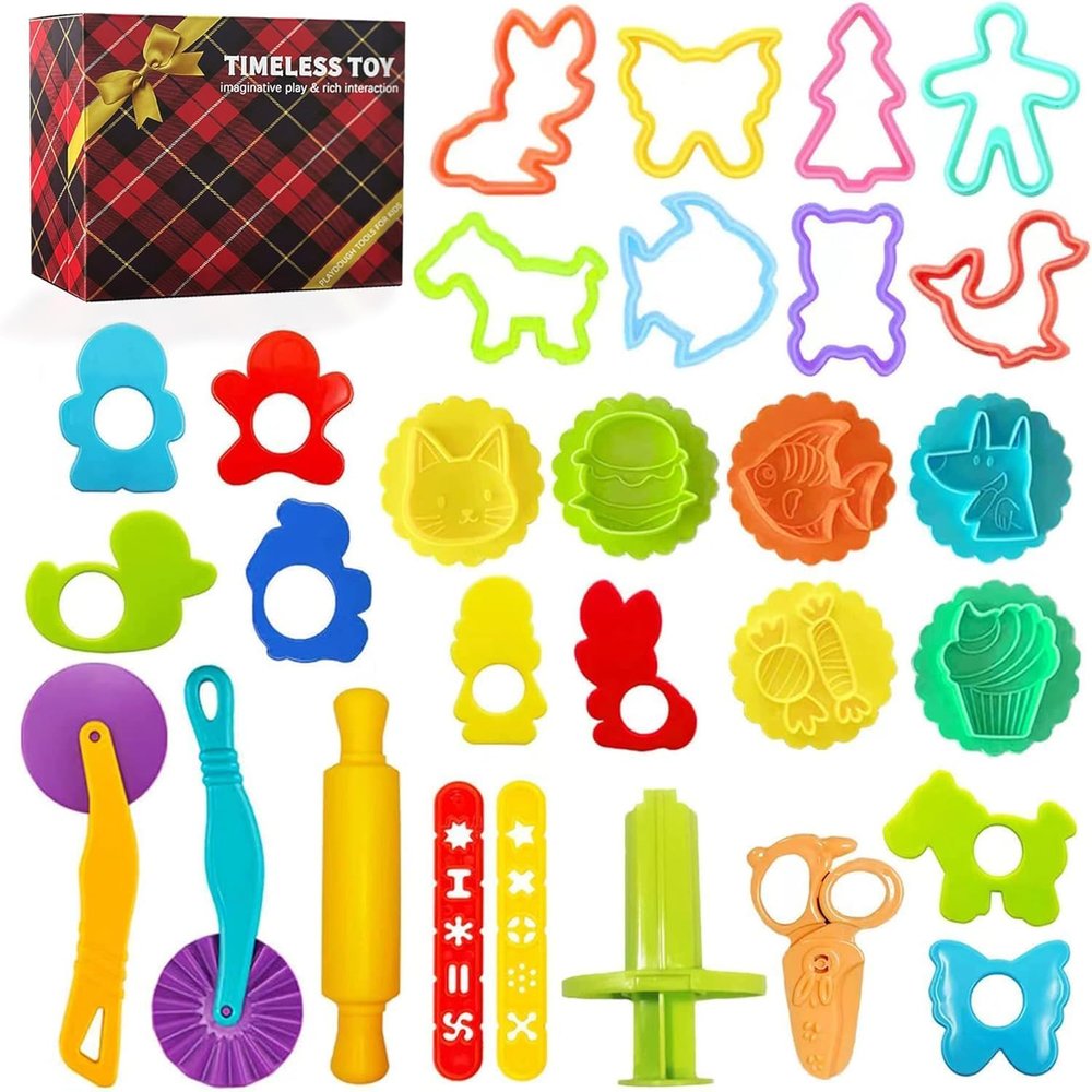 Dough Tool Set, 29 Pcs Dough Tools Sets for Kids Ages 4-8, Dough Accessories Includes Molds, Cutters Roller, Rolling Pins, Safety Scissors, Plastic Knife