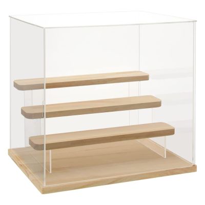 Choowin 4 Tier Clear Acrylic Display Case for Collectibles, Mini Figures, Pop Mart, Labubu, Sonny Angel, Smiski - Assemble Dustproof Acrylic Display Box with Door, Stand (Wood Base Step)